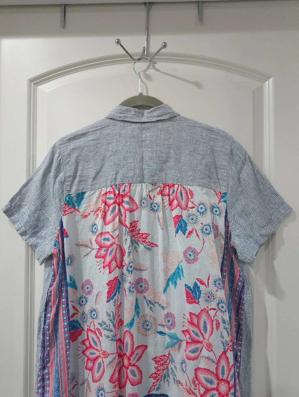 J.Jill Coastal Linen Striped Button Front Shirt with Printed Back Detail